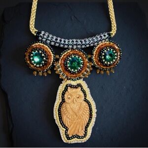 Bead Embroidered Owl Necklace
